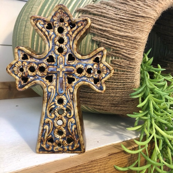 Ceramic Glazed Cross Votive Candle Holder - Picture 4 of 11